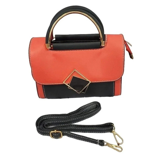 Red and Black Two-Tone Cross Body Purse With Golden Accents, Adjustable Strap - Picture 4 of 10